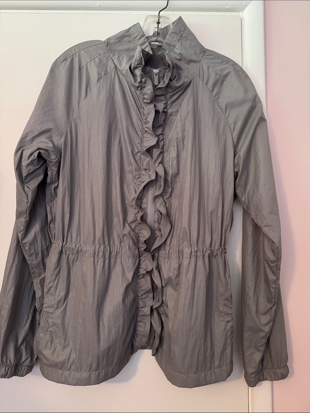 Women's Light Gray Ruffle-Front Lightweight Jacket